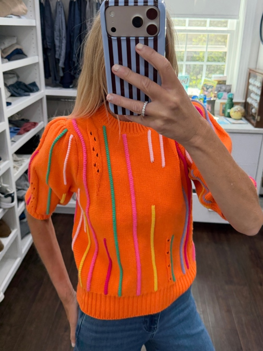 THML Bright Orange Short-Sleeve Knit Top with Colorful Stripe Accents XS